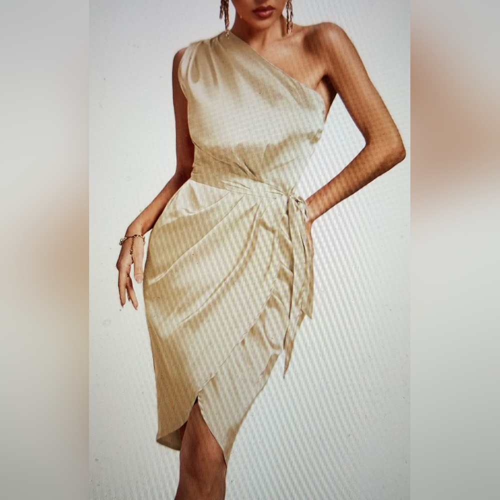 ELEGANT PARTY ONE SHOULDER RUCHED SPLIT WRAP HAM SLEEVELESS DRESS - Picture 5 of 12
